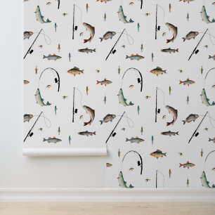 Fishing Rod & Reel Fish Theme Seamless Pattern Wallpaper