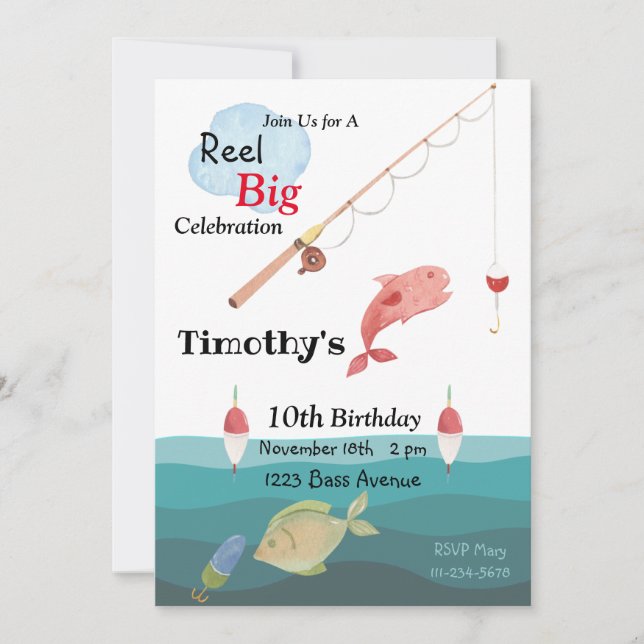 Fishing, Rod, Reel, Water Birthday Invitation (Front)