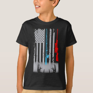 Fishing Rod Shotgun Deer Flag (on Back) T-Shirt