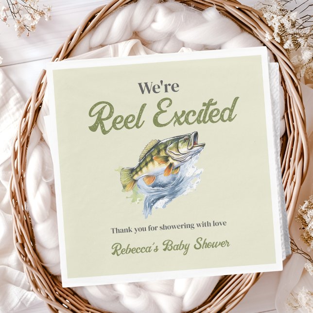 Fishing Sage Green Reel Excited Baby Shower Napkin (Creator Uploaded)