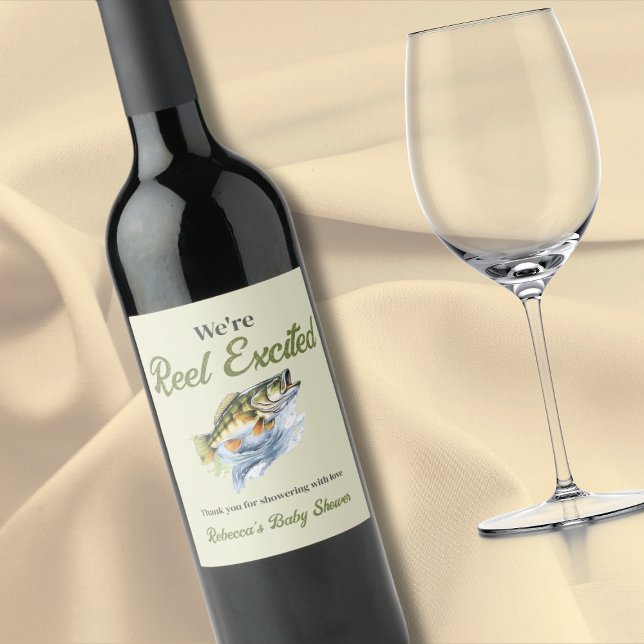 Fishing Sage Green Reel Excited Baby Shower Wine Label (Creator Uploaded)