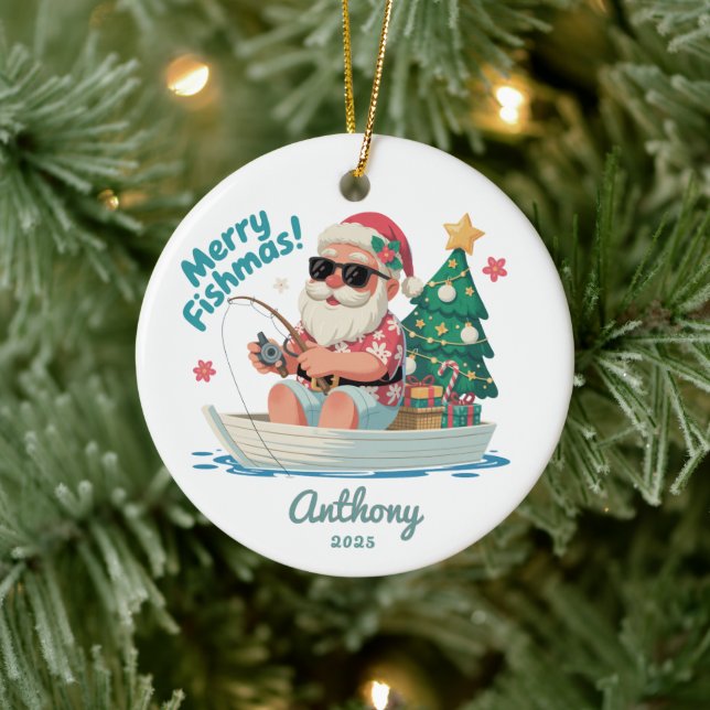 Fishing Santa Christmas Ceramic Tree Decoration (Tree)