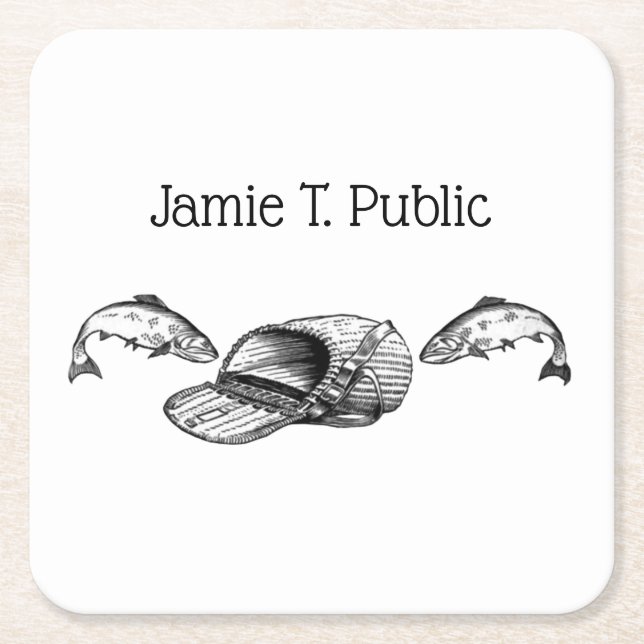 Fishing Tackle Bag and Fish Business Card Square Paper Coaster (Front)