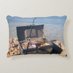 Fishing Tackle Box And Rod By The Seaside, Decorative Cushion