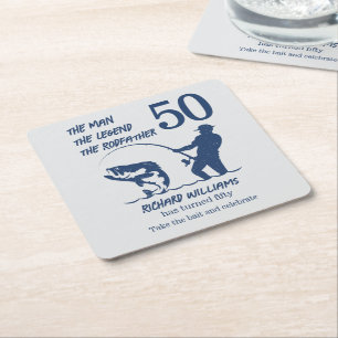 Fishing the Rodfather Big Fish 50th Birthday Square Paper Coaster