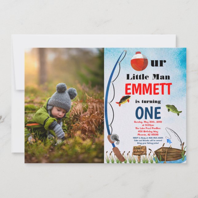 Fishing Theme Reel Fish Boy 1st Any Age Birthday Invitation (Front)