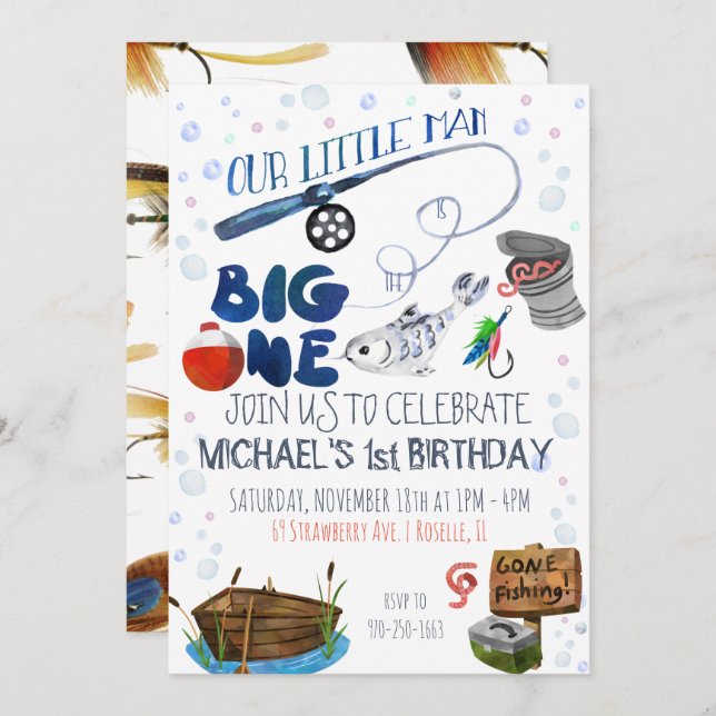 Fishing Themed First Birthday Invitation (Front/Back)
