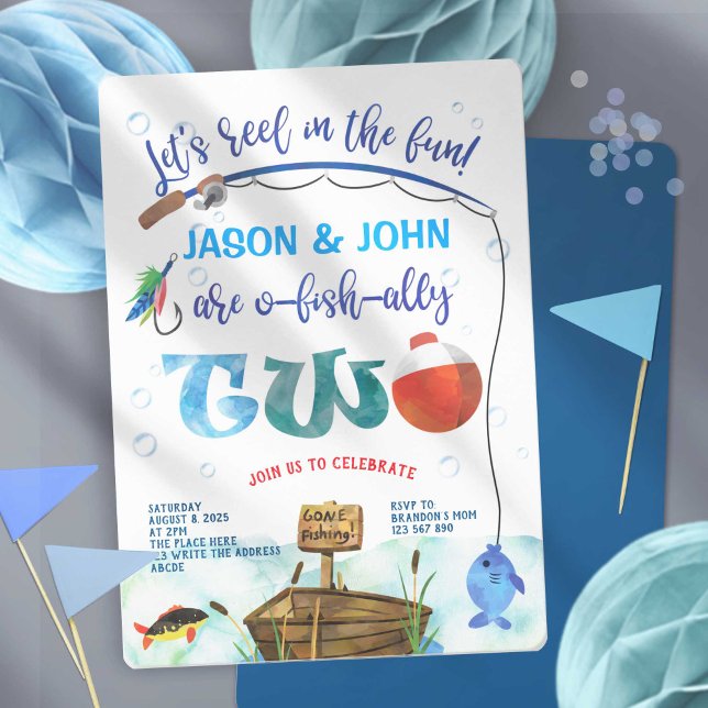 Fishing themed, O fish ally, Twin boy 2nd birthday Invitation (Twin boy 1st birthday, Little Fisherman, Gone fishing birthday invitations.)