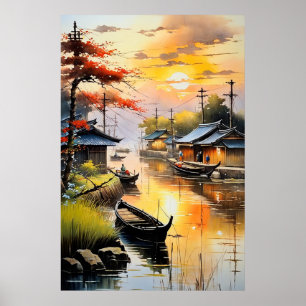Fishing Village's Tranquil Evening Glow Poster