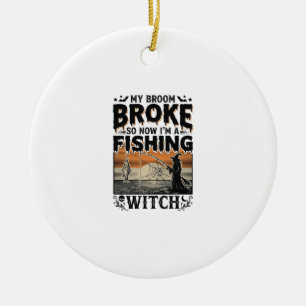 Fishing Witch Halloween Vintage Vector Design_1 Ceramic Tree Decoration