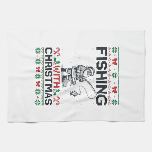 Fishing With Christmas Santa Holiday Tea Towel