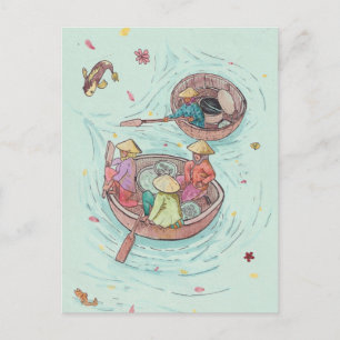 Fishing Women in Mekong Delta Vietnam Watercolor Postcard