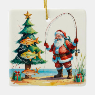 FishingChristmas  with Santa Claus Ceramic Ornament