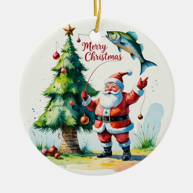 FishingChristmas  with Santa Claus Ceramic Tree Decoration (Front)