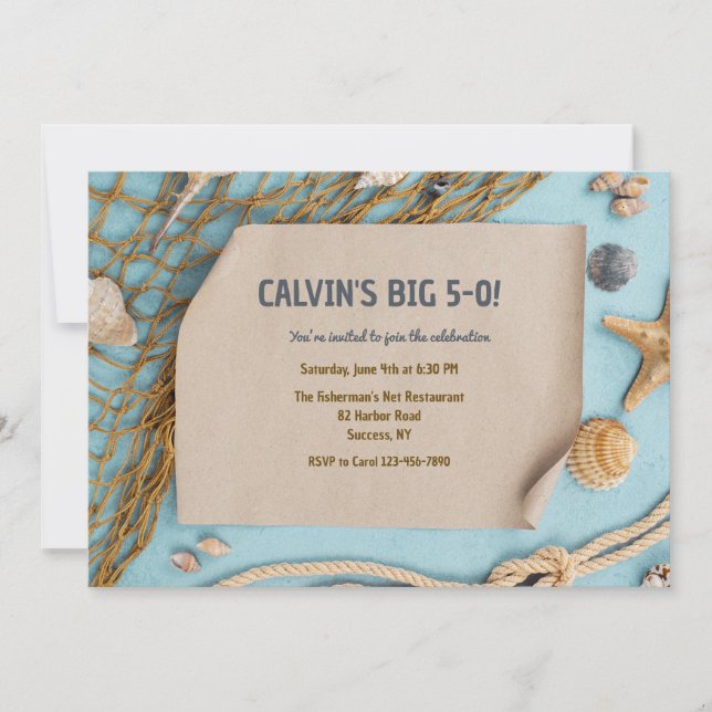 Fishnet and Seashells Nautical Invitation (Front)