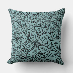 Fishnet lace floral pattern blue black sketch cushion