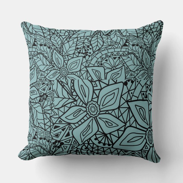 Fishnet lace floral pattern blue black sketch  cushion (Front)