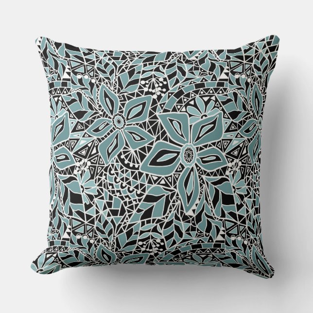 Fishnet lace floral pattern white blue black  cushion (Front)