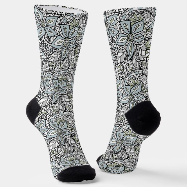 Fishnet lace floral pattern white pink black socks (Angled)