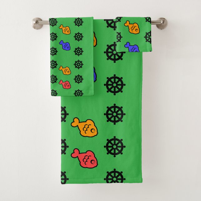Fishy Wheels Kids Green   Bath Towel Set (Insitu)