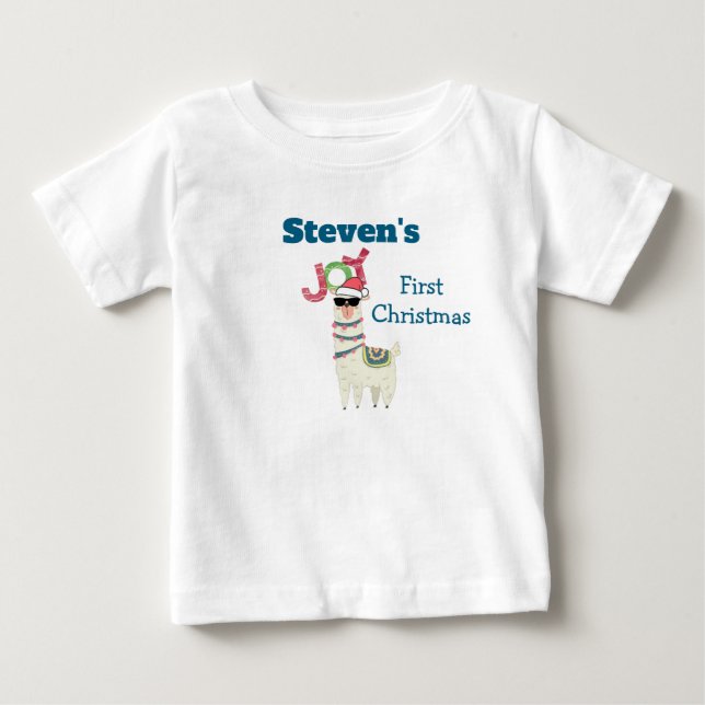 Fist Christmas | Joy Typography | Holiday Llama Baby T-Shirt (Front)