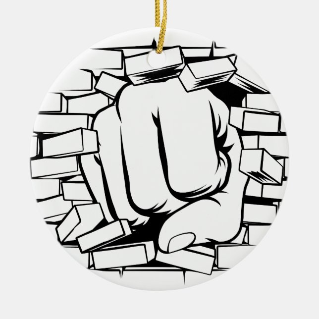 Fist Punching Through Brick Wall Ceramic Tree Decoration (Front)