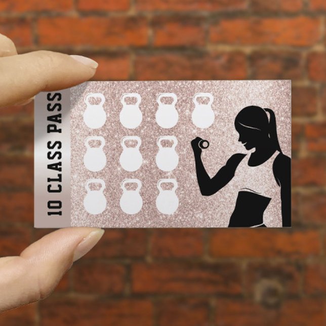 Fitness 10 Class Pass Girl Blush Rose Gold Glitter Loyalty Card (Creator Uploaded)