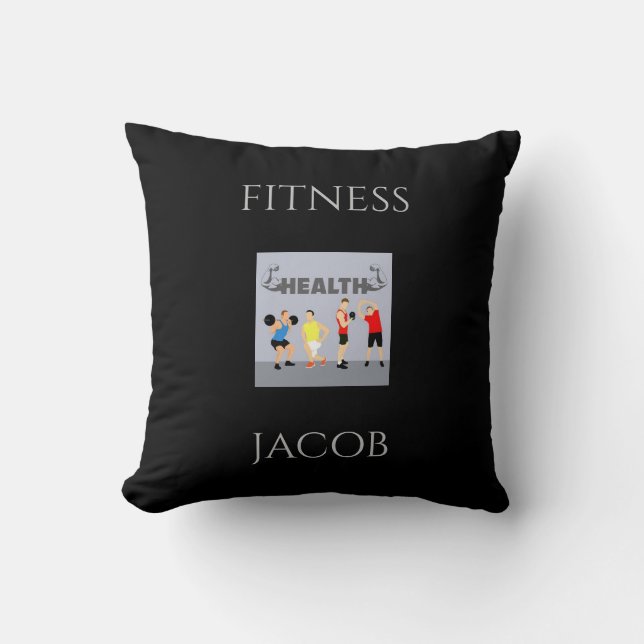 Fitness black throw pillow with personalized name. (Front)