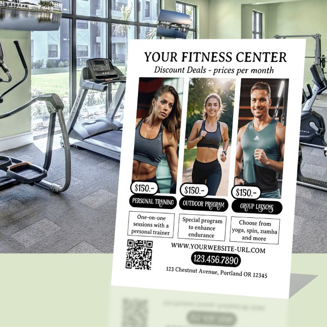 Fitness Centre Discount Photo Price List Pedestal Sign (Discount price list business tabletop sign. With your custom photos, QR code template - fitness)