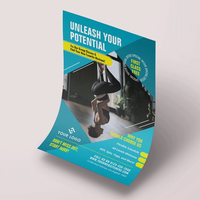 Fitness Classes Modern Photo Blue Marketing Gym Flyer (Modern blue gym flyer design with custom text, logo and photo)