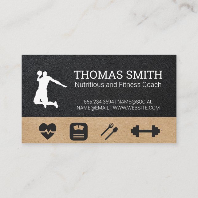 Fitness Coach | Health Logo | Leather Business Card (Front)