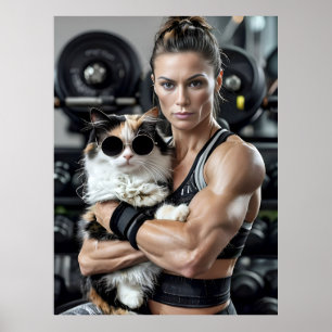Fitness Girl&Cat in Gym. Woman Workout Motivation  Poster