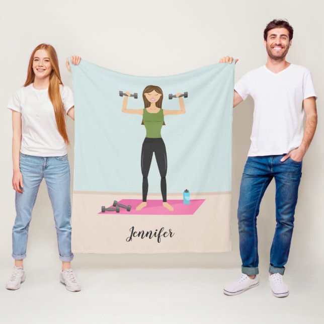 Fitness Girl Illustration Weight Lifting & Name Fleece Blanket (In Situ)