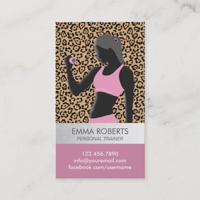 Fitness Girl Personal Trainer Leopard Print Modern Business Card (Front)
