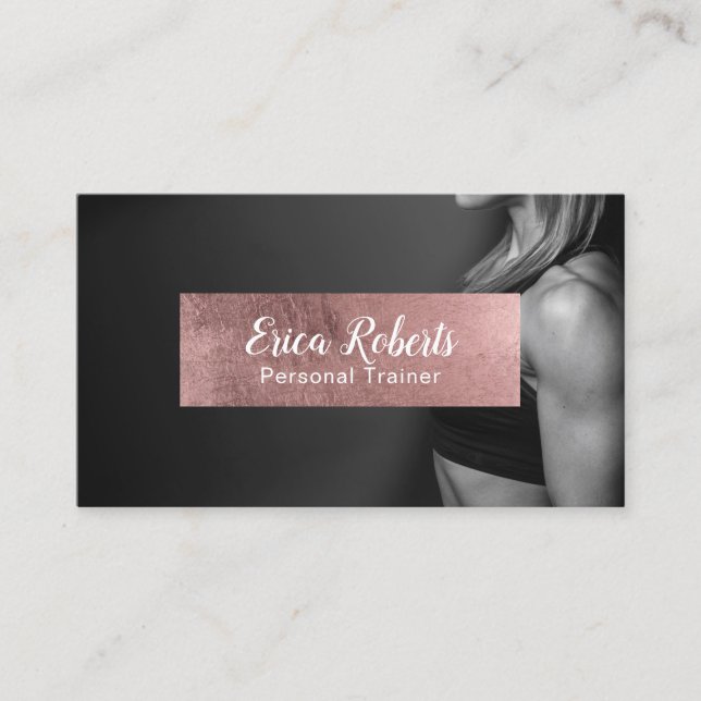 Fitness Girl Personal Trainer Rose Gold Label Business Card (Front)