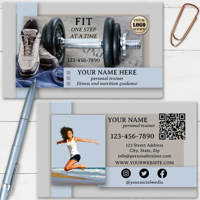 Fitness Health Personal Trainer Business Card (Modern fitness or personal trainer business card with QR code, logo and social media icons)