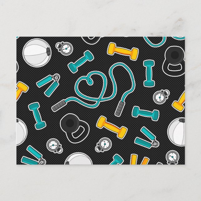 Fitness Love Pattern Aqua and Yellow Postcard (Front)