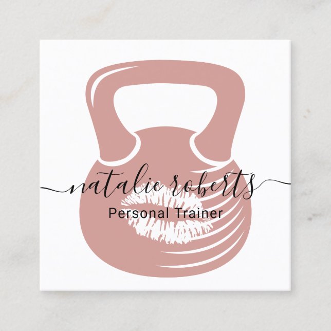 Fitness Personal Trainer Pink Kiss Kettlebell Square Business Card (Front)