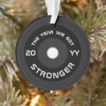 Fitness trainer barbell 2025 photo Christmas Ornament<br><div class="desc">This Christmas tree ornament mimics the look of a barbell plate and reads "'2025 - the year we got stronger" but it can be customized with your own wording or a different year. Perfect for the athlete or weightlifter in your life, especially one who's dedicated the pandemic stay at home...</div>