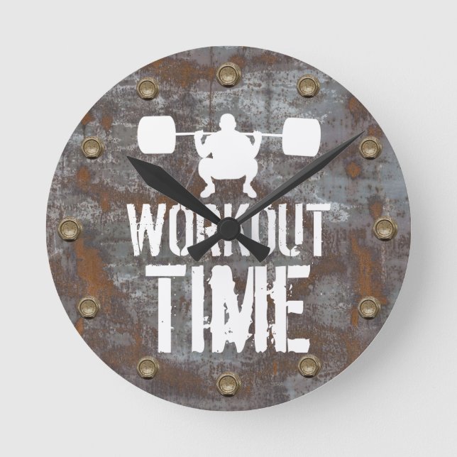 Fitness Training Workout Time Rusty Metal Plate Round Clock (Front)