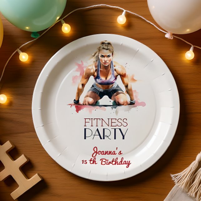 Fitness watercolor sport girl birthday party paper plate (Creator Uploaded)