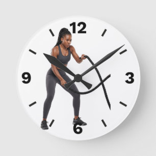 Fitness Woman Battle Ropes Workout Gym Exercise Round Clock