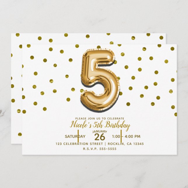 FIVE 5 5th Gold Balloon & Confetti Birthday Party Invitation (Front/Back)