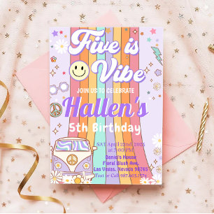Five a Vibe Groovy Retro Rainbow 5th Birthday Invitation