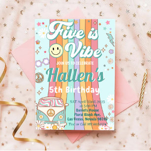 Five a Vibe Groovy Retro Rainbow 5th Birthday Invitation