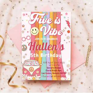 Five a Vibe Groovy Retro Rainbow 5th Birthday Invitation