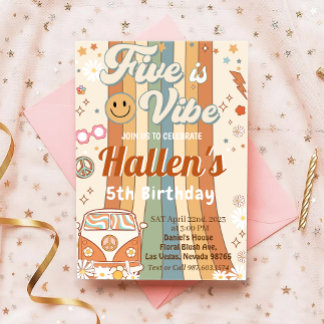 Five a Vibe Groovy Retro Rainbow 5th Birthday  Invitation