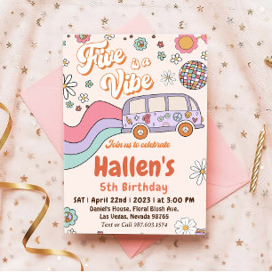 Five a Vibe Groovy Retro Rainbow 5th Birthday Invitation