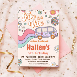 Five a Vibe Groovy Retro Rainbow 5th Birthday Invitation