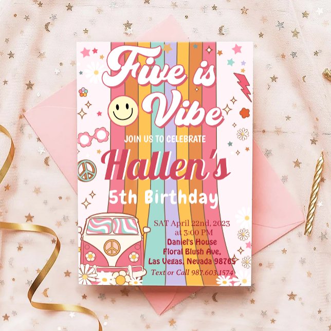 Five a Vibe Groovy Retro Rainbow 5th Birthday  Invitation (Creator Uploaded)